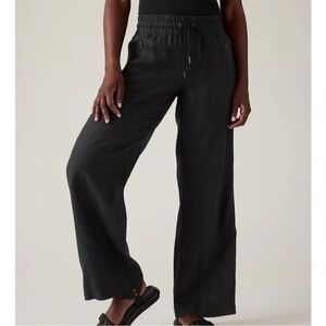 Athleta Cabo Linen Wide Leg Pant Black Relaxed Coastal Summer Casual 447244 Sz 4